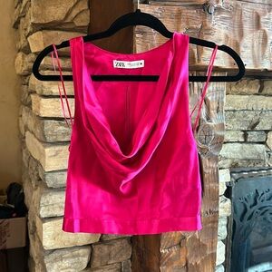 Never worn - ZARA satin Fuchsia pink cowl neck crop top